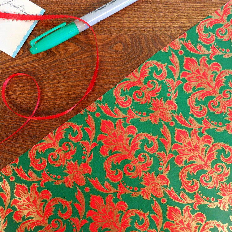 red green & gold damask print vintage gift wrap