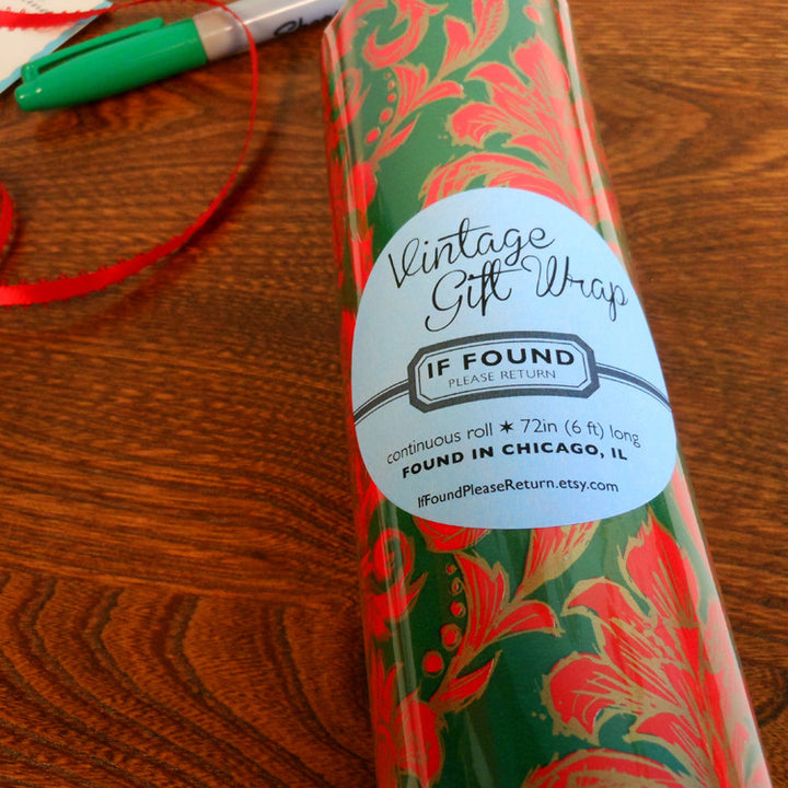 red green & gold damask print vintage gift wrap