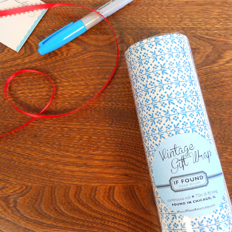 vintage pretty blue dingbat gift wrap roll