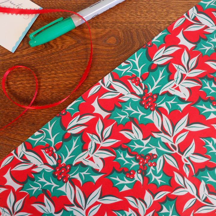 vintage holly gift wrap roll