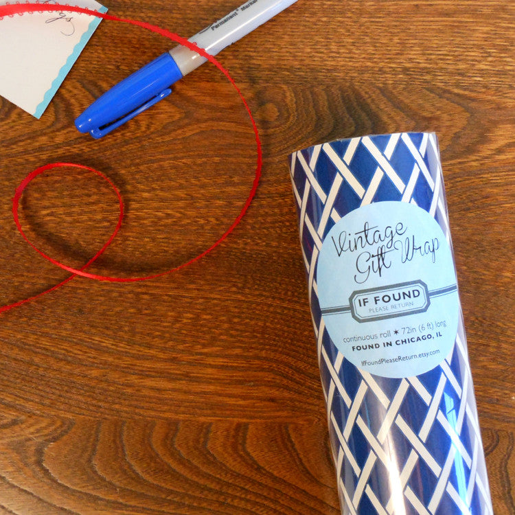 vintage navy blue with white lattice gift wrap