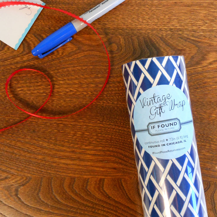 vintage navy blue with white lattice gift wrap