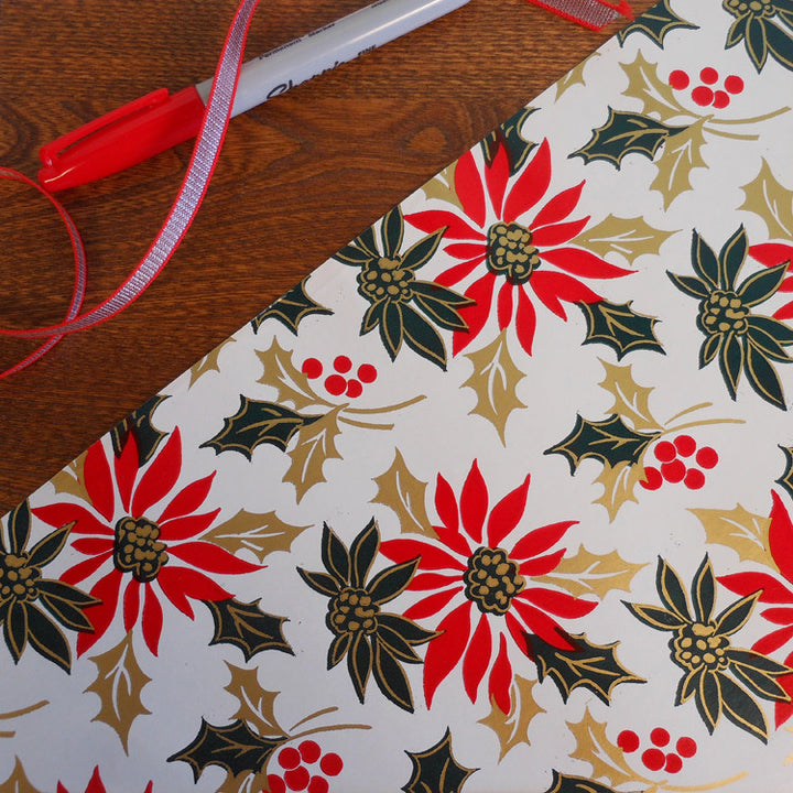 classic poinsettias & holly vintage gift wrap