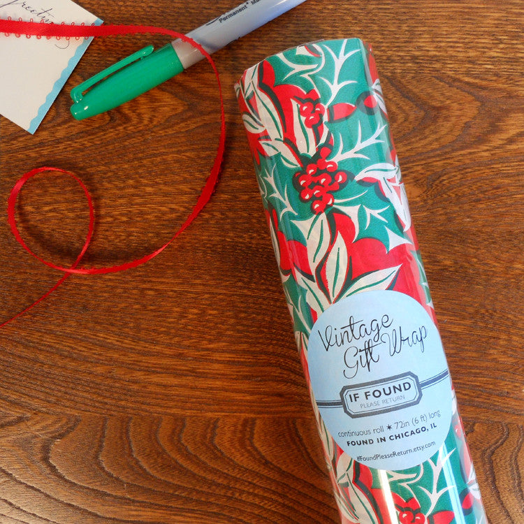 vintage holly gift wrap roll