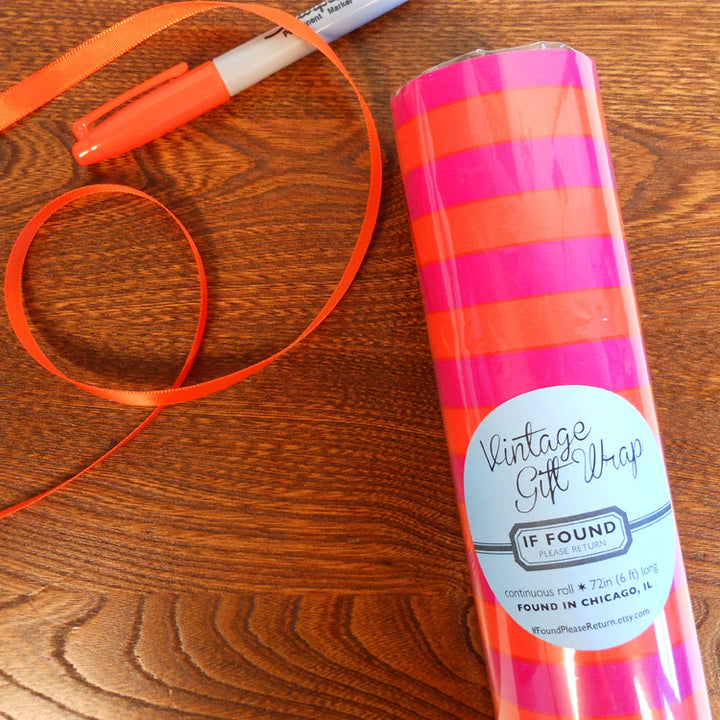 vintage hot pink & bright orange striped gift wrap roll
